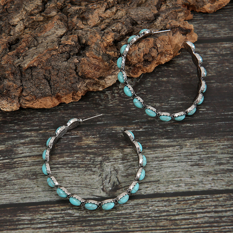Wholesale Vintage Western Style Turquoise Large Circle C-Shaped Earrings